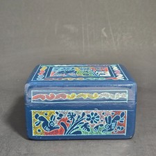 Vtg Mexican Oliana Lacquer Wood Box Hand Painted Folk Art Owl Floral Blue Case picture