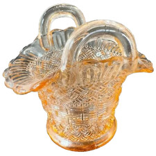 Vintage Dugan Peach Glass Basket Applied Handle Ruffled Edge Basket picture