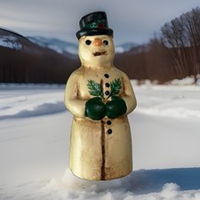 Vaillancourt Folk Art Chalkware Snowman Bk Hat Green Mittens 2003 Pine Sprigs picture