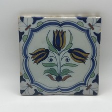  Antique 17thC Dutch Delft Tile Polychrome Three Tulips Akkoladen Framing Rare picture