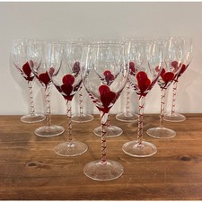Vtg Clear Art Glass Wine Goblets with Red Swirl Stems Unique Barware Set of 10 picture