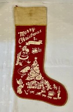 Vtg 1950s 1960s Christmas Stocking Red Felt FlannelPrinted Santa Tree Train MCM picture