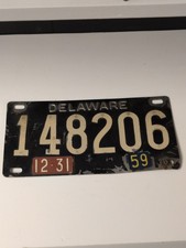 1959 Delaware License Plate Riveted DE Black Steel Tag Reflective 148206 picture