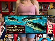 Antique Vintage Style Sign Creek Chub Minnow Bait NOT Porcelain Made USA 30x14 picture