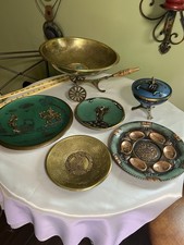 Vtg Mid Century Israeli Brass Judaica Lot Passover Seder Plate Wheelbarrow 6 pc picture
