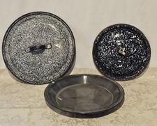 3-Vintage Graniteware Enamelware Pie Pan Pot Lids Gray/Blue Speckled Primitive picture