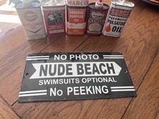 NICE NUDE BEACH NO PHOTO NO PEEKING SWIMSUITS OPTIONAL PORCELAIN SIGN picture