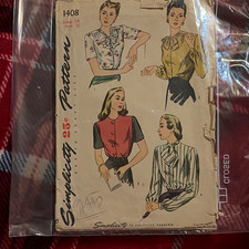 Simplicity 1408 Women’s Blouse Sewing Pattern, Vintage Original size 14 yrye1945 picture