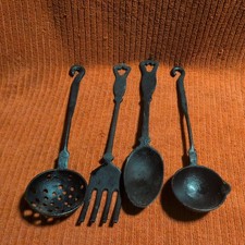 VTG Cast Iron Kitchen Utensil Set – Fork, Spoon, Ladle & Strainer Primitive picture