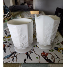 Westmoreland Glass White Milk Glass Grape Pattern Creamer Set 2pc Glossy Handle picture