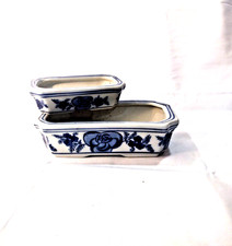 Vintage Chinese 2 Pcs Blue & White Octogon Porcelain Planter Pot - Floral Design picture