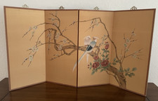 Vintage MCM Japanese Style Gold Silk 4-Panel Screen Asian Art Birds Tree Flowers picture