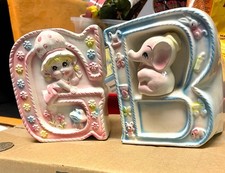 Vintage Rubens Originals Ceramic Nursery floral containers (2) Baby Girl & Boy J picture