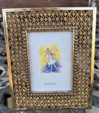 Gold Tone Metal Argyle Bejeweled Citrine Standing Picture Frame 2.5 X 3.5 HEAVY picture