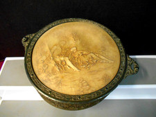 Vintage PNCW3-pc Covered Footed Nut Candy Dish Repousse Brass Glass & Celluloid picture