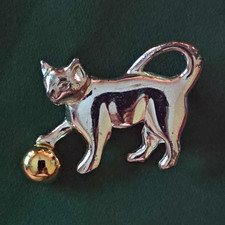Silver Tone Metal Cat Pin Brooch with Gold Tone Dangling Ball picture