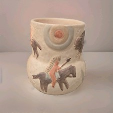Vintage LaMont Pueblo Hand Painted Ceramic Tumbler 5” Southwest Art Excellent picture