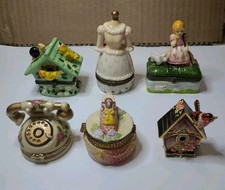 Vintage Lot Of 6 Small Ceramic And Metal Trinket Or Jewelry Boxes Hinged Lids  picture