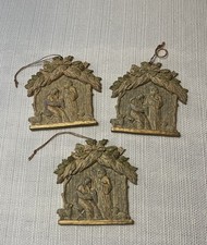 Lot of 3 Vintage Nativity Scene Hanging Christmas Ornaments Gold/Green Taiwan picture