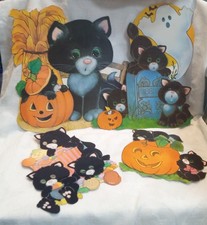 Lot of 4 Vintage 70's/ 80's Halloween Decor 2 Sided Flocked 13.5 x 13 Diecut picture