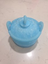 Antique Portieux Vallerysthal Blue Opaline Milk Glass Lidded Powder Jar picture