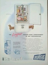 1947 vintage Norge Refrigerator Print Ad, Longest Frozen Food Space  picture