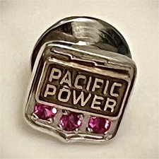Pacific Power Railroad Pinback Lapel Pin, white gold, Pink Rubies. picture