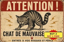 Funny French Cat Warning Tin Sign Beware of Kitten Retro Metal Plaque 8x12 picture