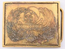 Distressed Skull Crossbones Brass Born to Ride Motorcycles 80s Belt Buckle picture