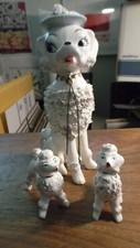 RARE Chained White Poodle Puppy Dog Spaghetti Porcelain Figurine w/ ONE PUP . picture