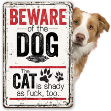 Beware of the Dog The Cat is Shady Too Durable Metal Sign for Dog and Cat Owners picture