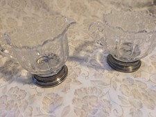 Vintage Etched Glass Creamer and Sugar Bowl Set with Sterling Silver Bases picture