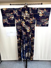 Vintage Japanese Summer Kimono Navy Floral Wave Pattern Lightweight Traditional picture