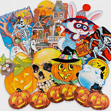 Vintage Cardboard Halloween Cutouts 14 pc Lot Flocked Bunny Skeletons Pumpkins picture