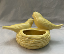 Vintage Love Birds on Nest Yellow Ceramic MCM Flower Pot Succulent Planter picture