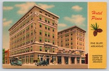 Hotel Pines, Pine Bluff AR Arkansas Postcard 1940s Unposted Street View Old Cars picture