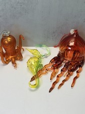 Lot Of 3 Blown Glass Sea Creature Ornaments Hanging Octopus Sea Horse Jelly Fish picture