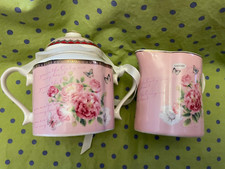PULCHRITUDIE Pink Floral Creamer and Lidded Handled Sugar Bowl - New w/tags picture