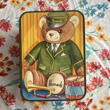 Harrods Teddy Bear Biscuit Tin Box w/ Lid Green Rectangular Metal Illustrated picture