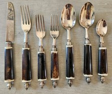 RARE Antique Horn Handle Flatware Set 7pc Forks Spoons Knife Silverplate? c1900 picture