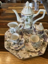 Mini Porcelain Floral Tea Set, Teapot, Octagonal Tray, Sugar, Creamer, 3 Cups picture