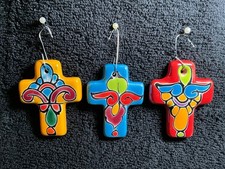 3x-Authentic MX -Talavera Crucifix Holy Cross Ceramic Christmas Ornaments picture