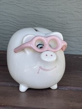 Vintage Peggy Pig Piggy Bank White Ceramic Pink Glasses Taiwan Novelty Coin Bank picture