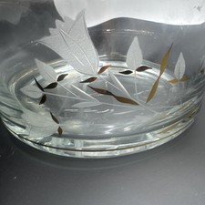 Vintage Shallow Cylinder Etched Glass Bowl Vase Flowers Gold Trim And Leaves picture
