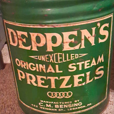 Deppen's Original Steam Pretzels Advertising Tin Canister Green/White Lebanon PA picture