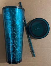 Starbucks Embossed Tin Floral Metallic Teal Tumbler 24 Oz Cup 2017 Ships FREE US picture