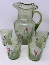 Antique Dugan Glass Hand Painted Green Lemonade Pitcher & Tumblers Set picture