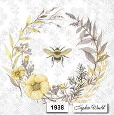 (1938) TWO Paper Luncheon Decoupage Art Craft Napkins - BEE WREATH FLOWERS picture