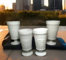4 White Milk Glass Footed Goblet Glass Tumbler Grape & Leaves Pattern 5.5