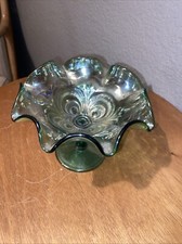Imperial SCROLL EMBOSSED Green Carnival Glass Footed Compote picture
